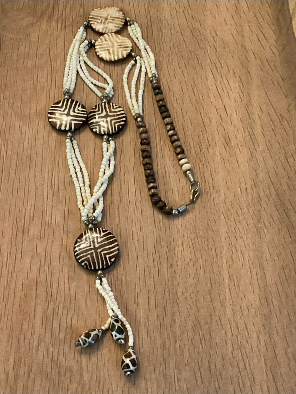Vintage Tribal Boho Style Cream and Brown Beaded Pendant Necklace